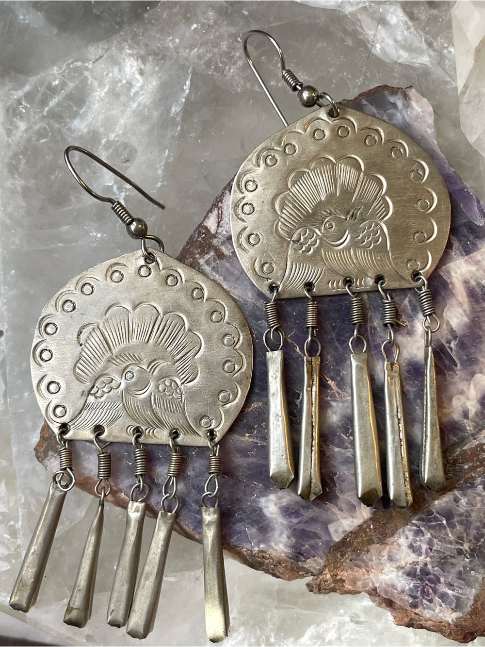 Vintage 70’s Handmade Silver-Tone Boho Peacock Dangle Earrings